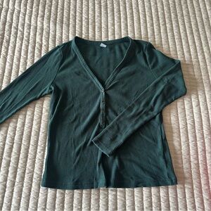 Green Ribbed Button-Up Long Sleeve Top